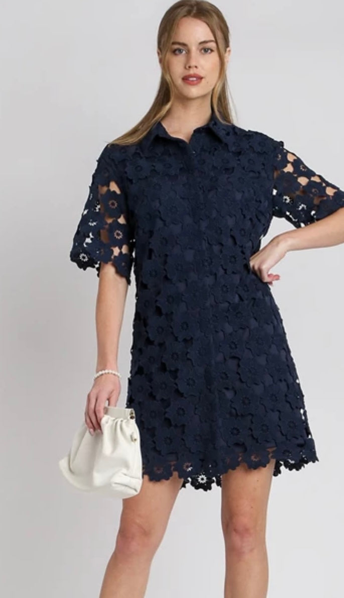 Navy Floral Lace Button Down Collared A-Line Dress