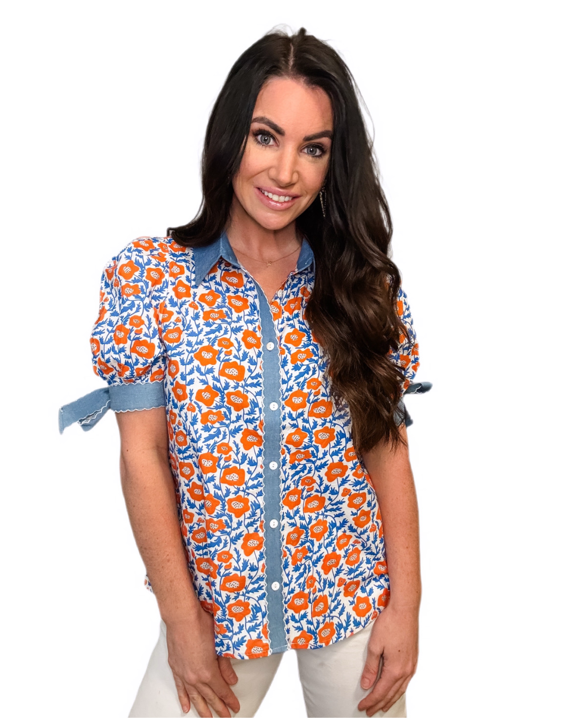 Floral and Denim Bow Sleeve Top