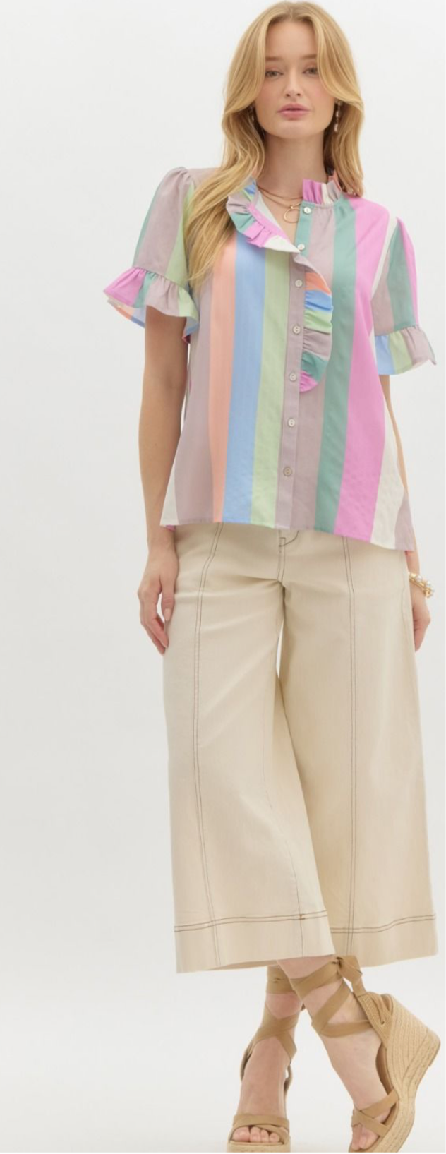 Pastel Striped Ruffle Sleeve Top