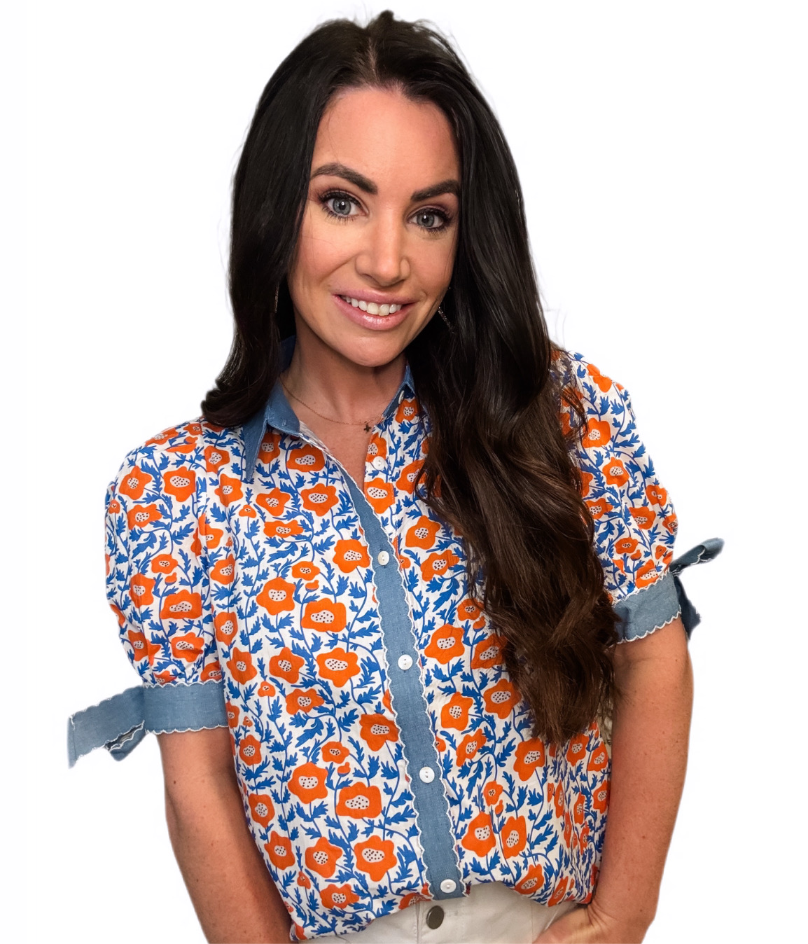 Floral and Denim Bow Sleeve Top