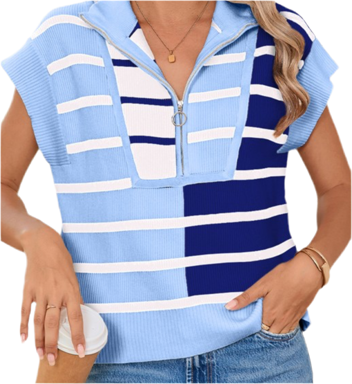 Blue Striped Quarter Zip Up Top
