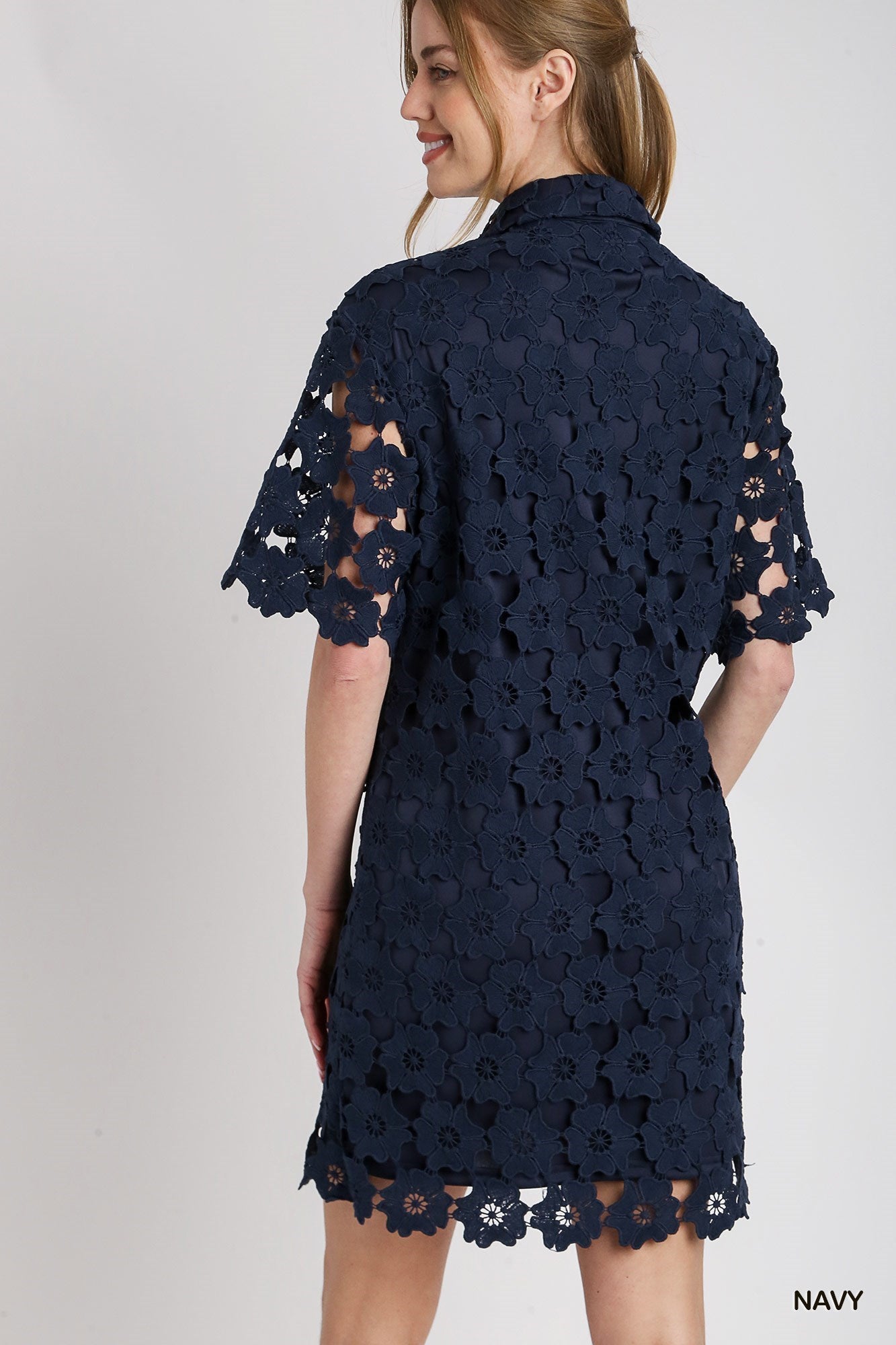 Navy Floral Lace Button Down Collared A-Line Dress