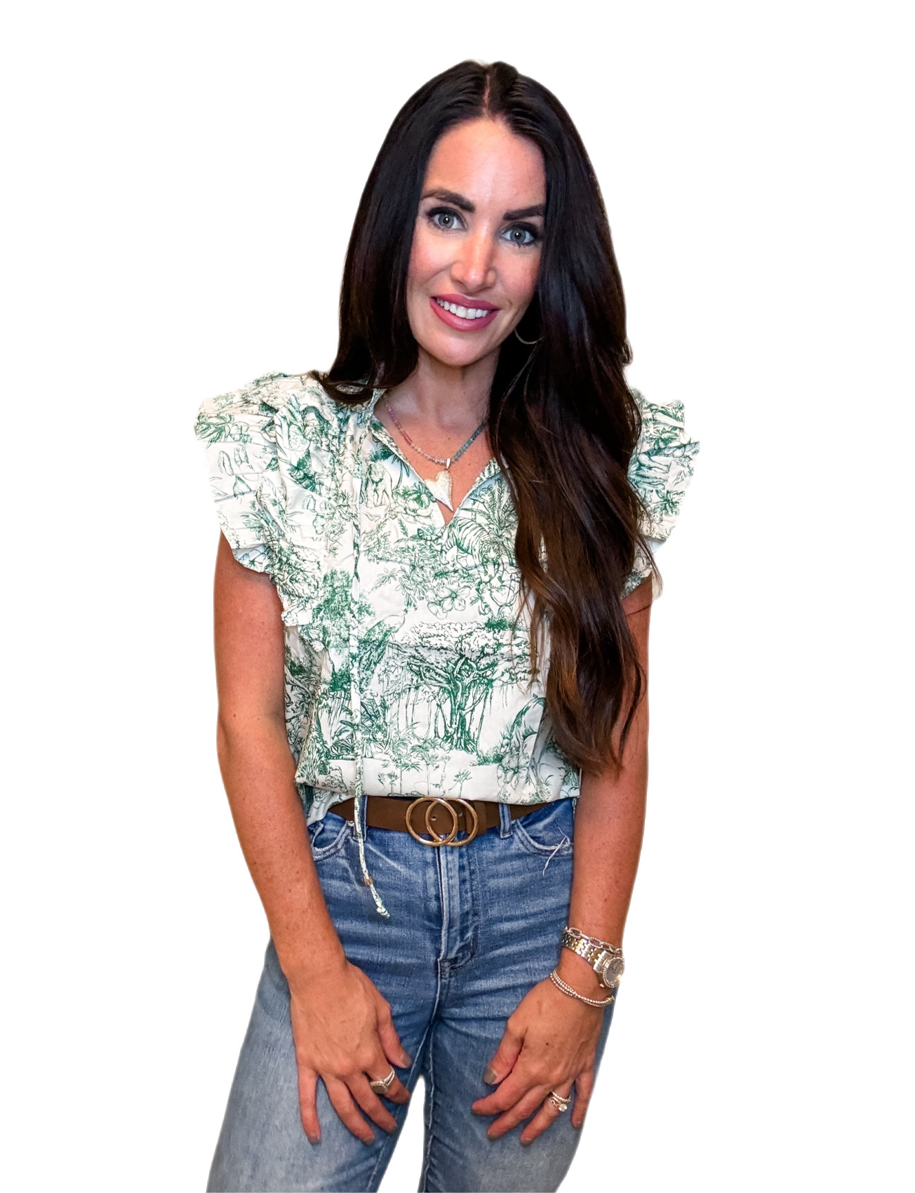 Toile Green Ruffle Top