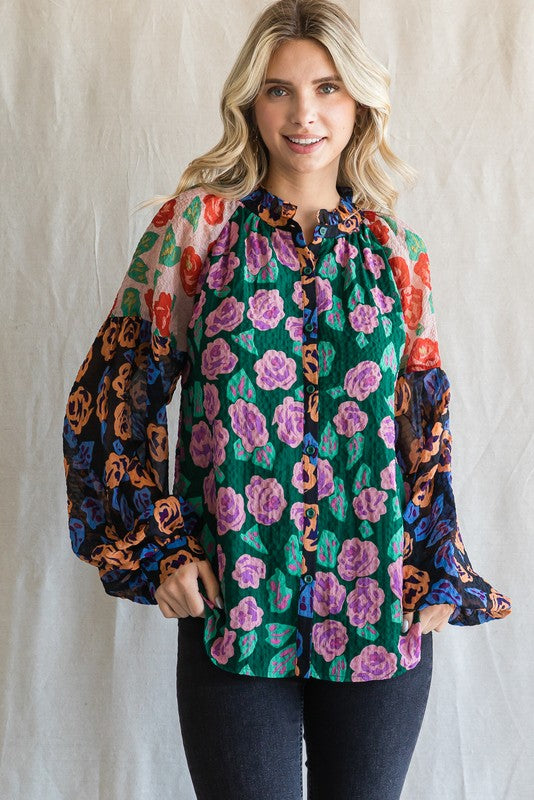 Green Colorblock Floral Printed Balloon Sleeve Top by