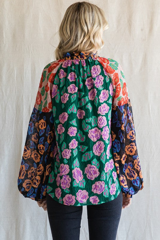 Green Colorblock Floral Printed Balloon Sleeve Top by