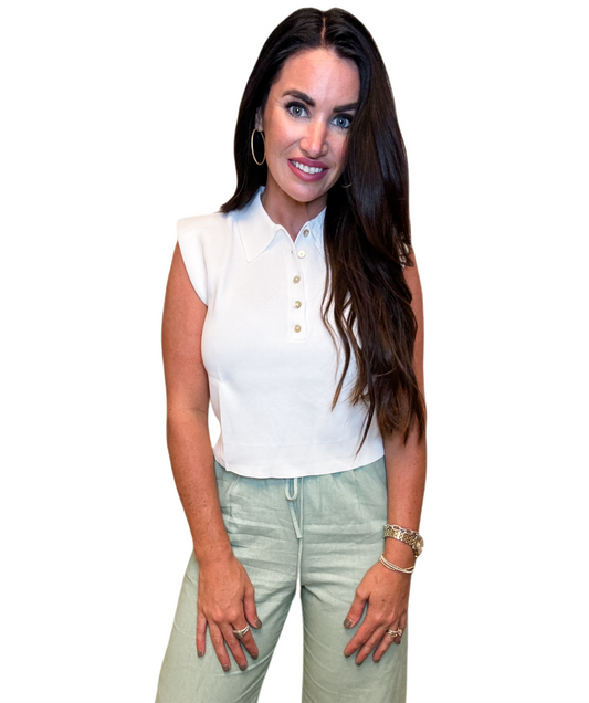 White Button Up Cropped Cap Sleeve Top