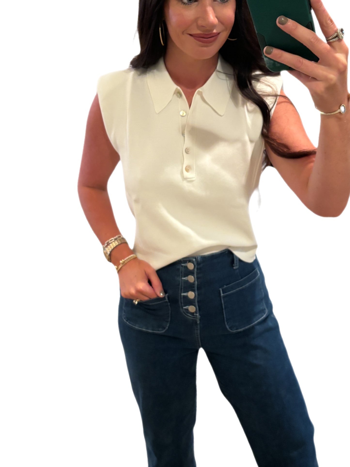 White Button Up Cropped Cap Sleeve Top