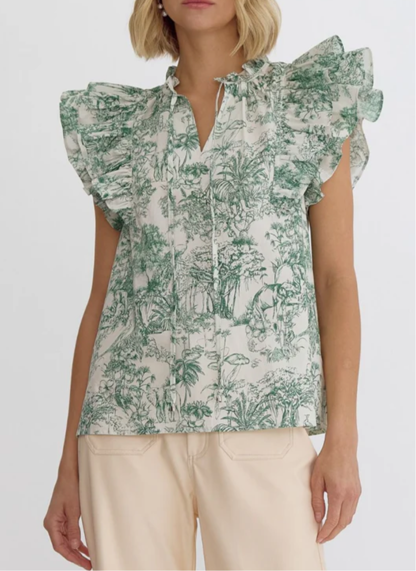 Toile Green Ruffle Top