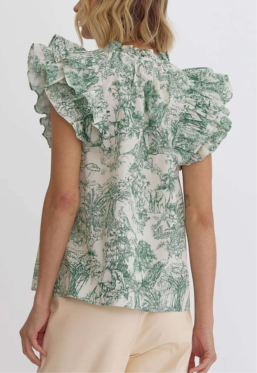 Toile Green Ruffle Top