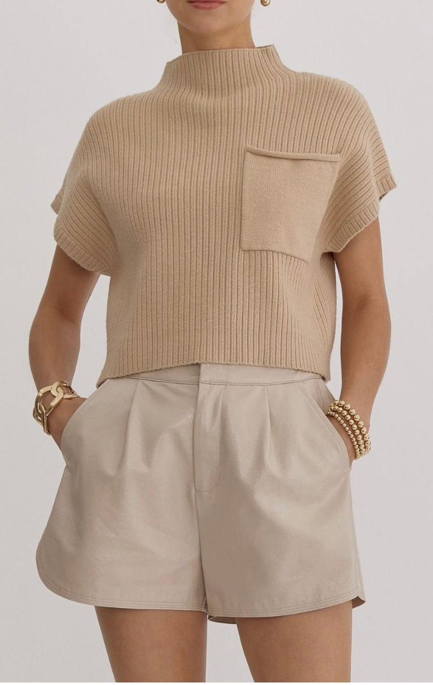 Short Sleeve Mock Neck Ribbed Sweater